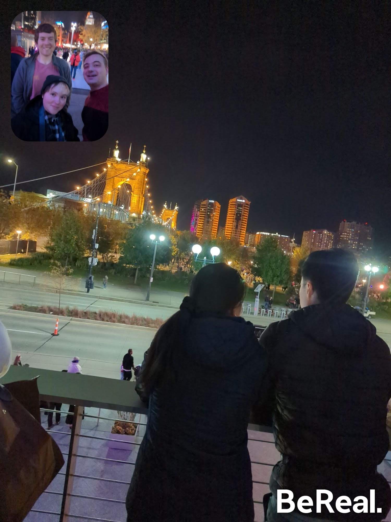 Screenshot of a BeReal, three friends picture in picture, Robling Bridge is visible in the main photo