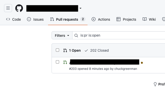 Screenshot of the GitHub PR screen on a repository where the navbar shows a count of two, but a single PR is in the list