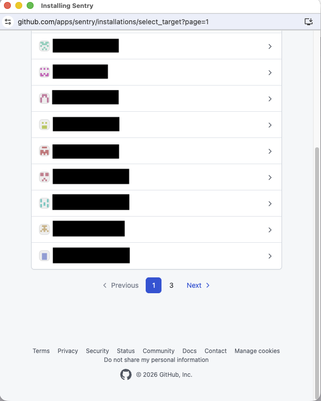 Screenshot of the GitHub Organization Page where the pagination block has entries for the first and third pages, but not the second