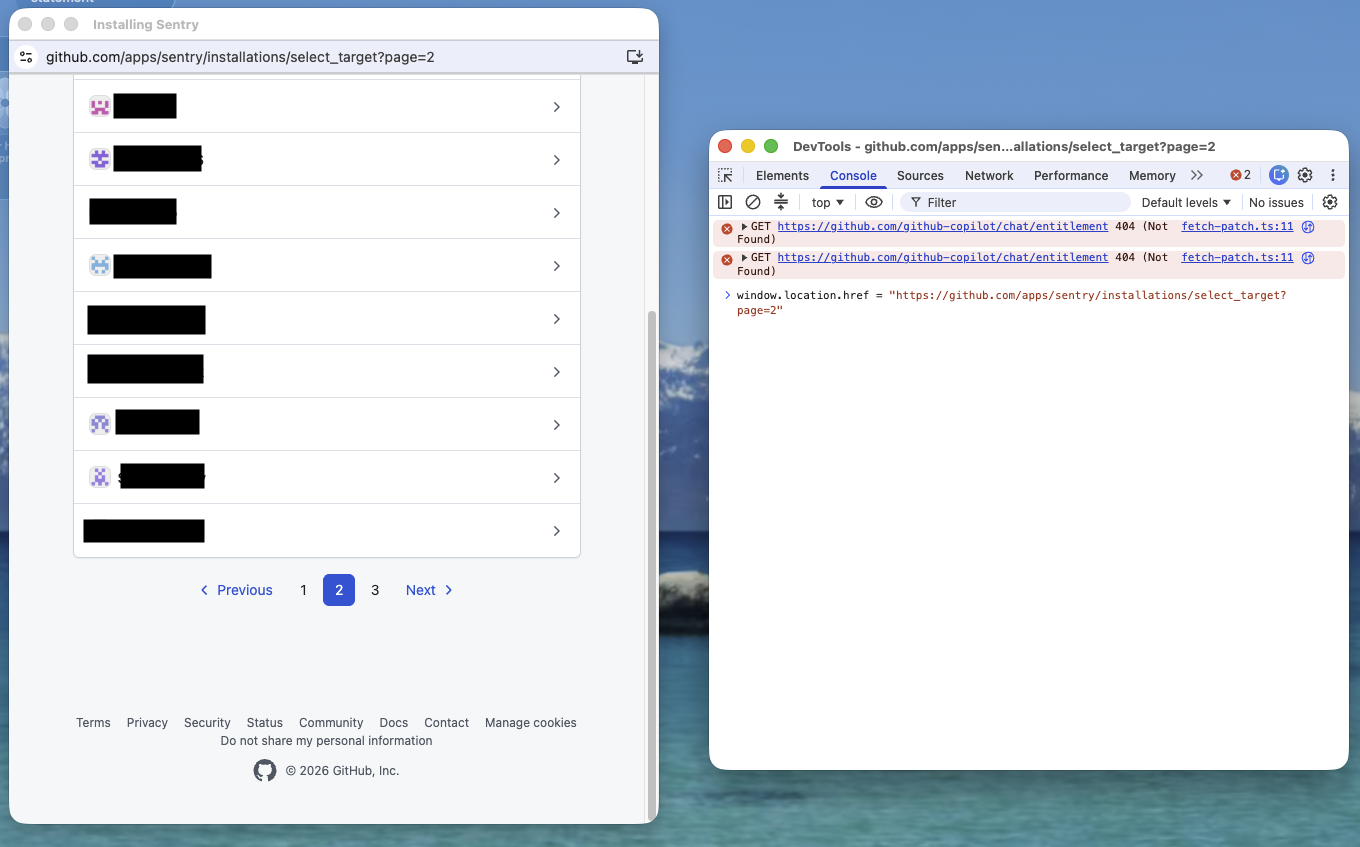 Screenshot of the GitHub Organization Page with the pop-out Chrome DevTools setting window.location.href manually